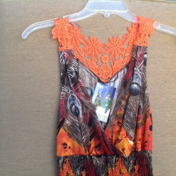 NWT LACE ORANGE PEACOCK FEATHER PRINT DRESS SUNDRESS M - Picture 6 of 7